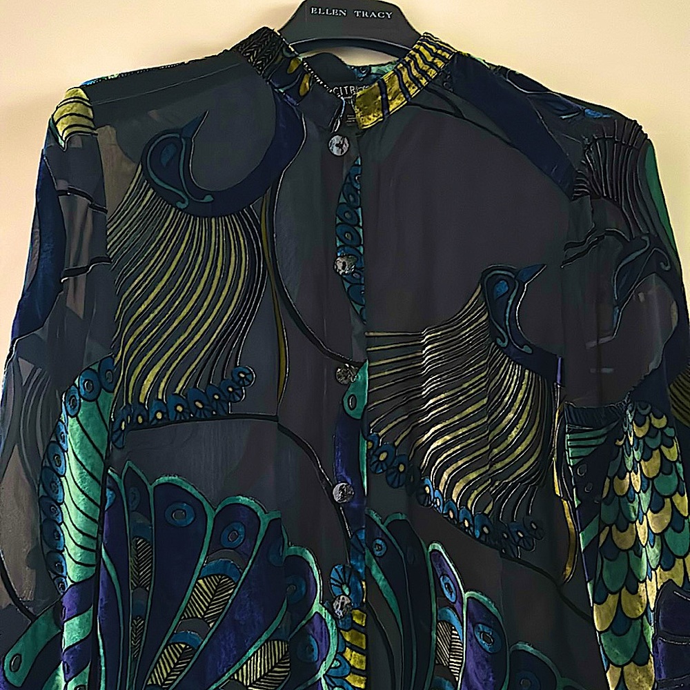 NWOT.  Citron vibrant & sheer blouse. Lightweight with a peacock colored design.